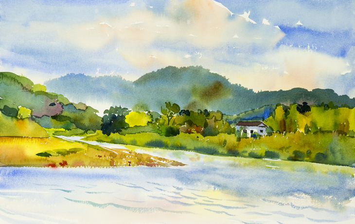 Malerei bunt vom Haus mit Fluss und Berg