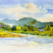 Malerei bunt vom Haus mit Fluss und Berg