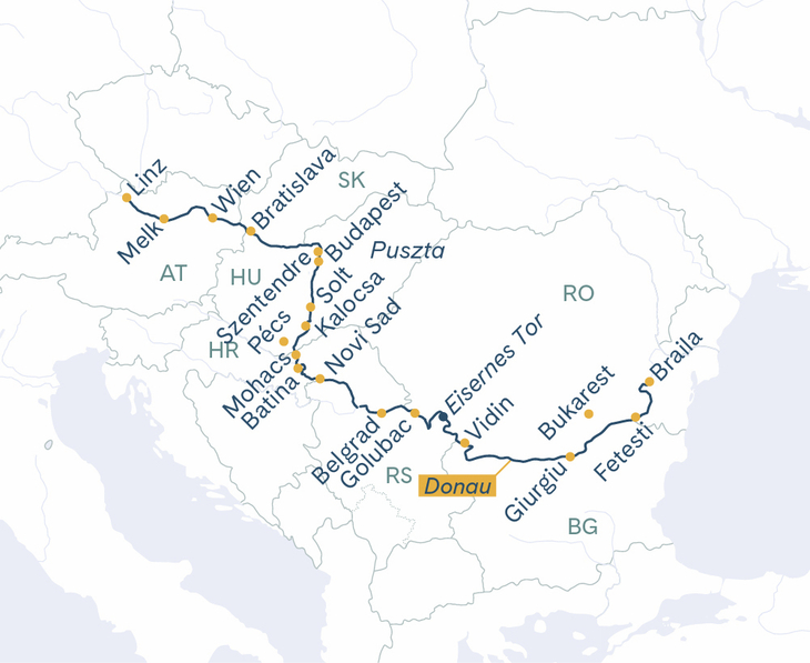 Itinéraire MS Thurgau Prestige Linz–Delta du Danube–Linz