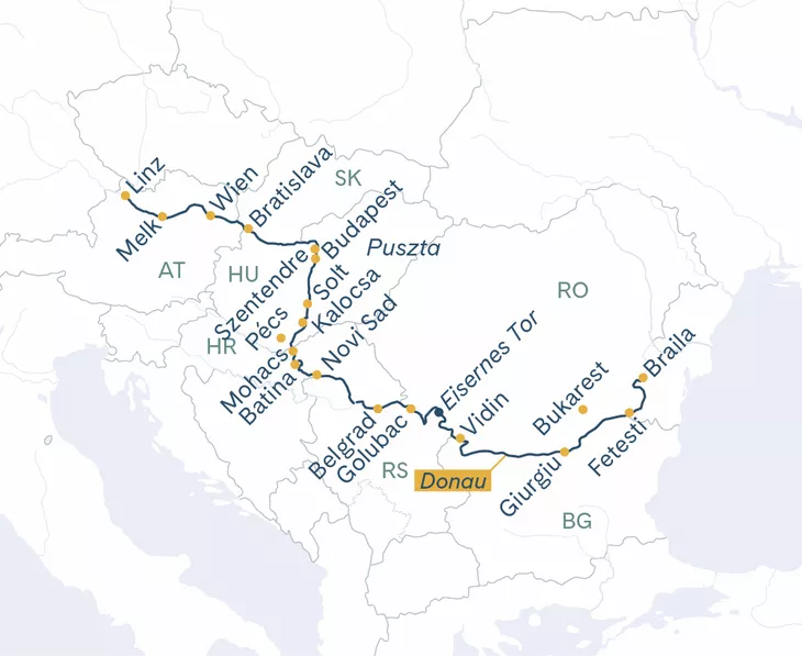Itinéraire MS Thurgau Prestige Linz–Delta du Danube–Linz