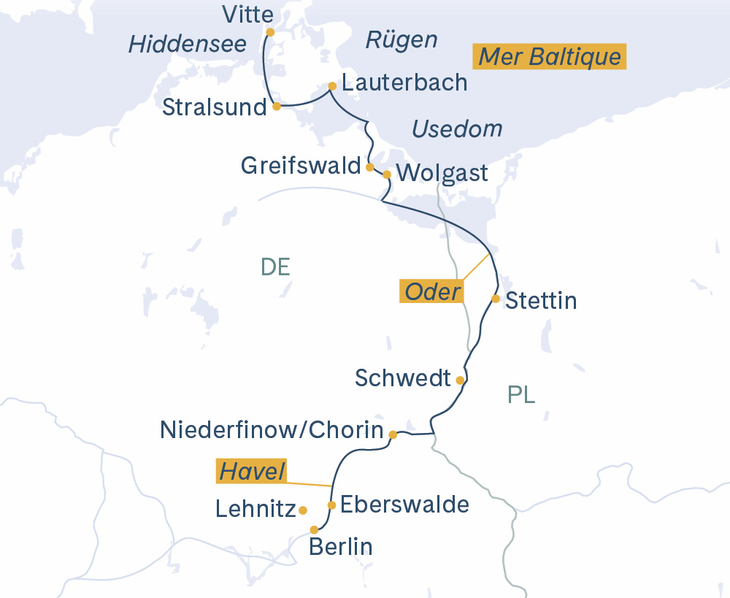 Itinéraire MS Thurgau Chopin Stralsund - Berlin