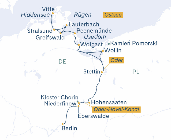 Routenplan Berlin-Stettin-Wollin-Wolgast-Greifswald-Stralsund-Vitte-Stettin-Berlin
