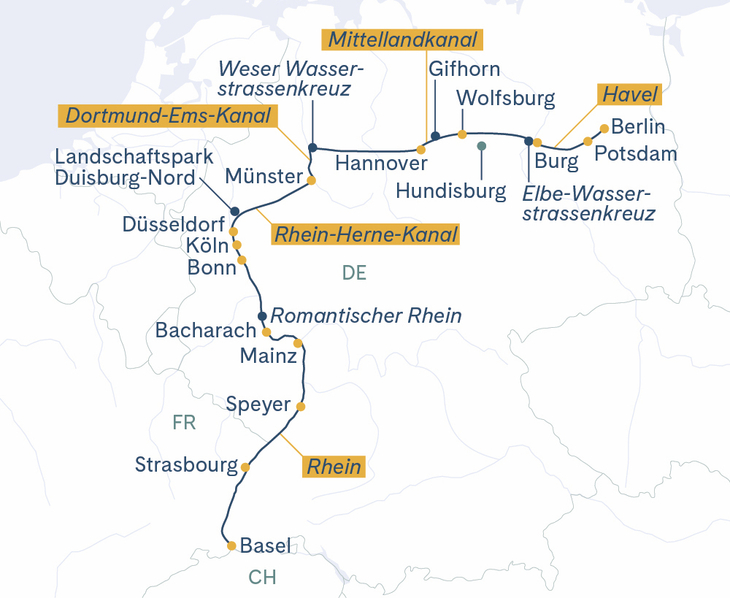 Routenplan Berlin-Magdeburg-Münster-Düssledorf-Köln-Speyer-Strasbourg-Basel